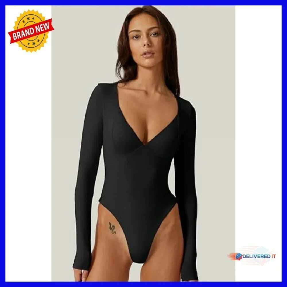 Long Sleeve V Neck Bodysuit Seamed Cup Sculpting Tops